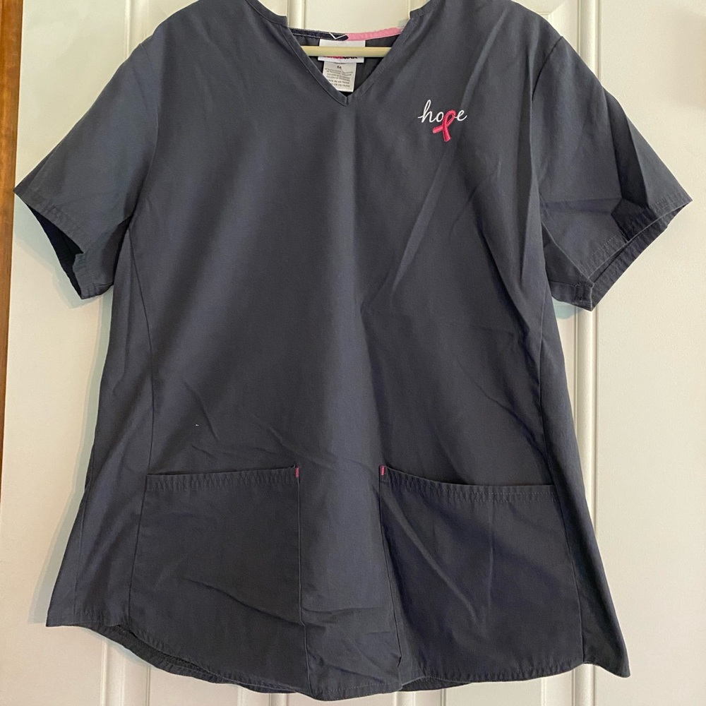 Scrub Star Gray Uniform Top with breast Cancer Symbol size M